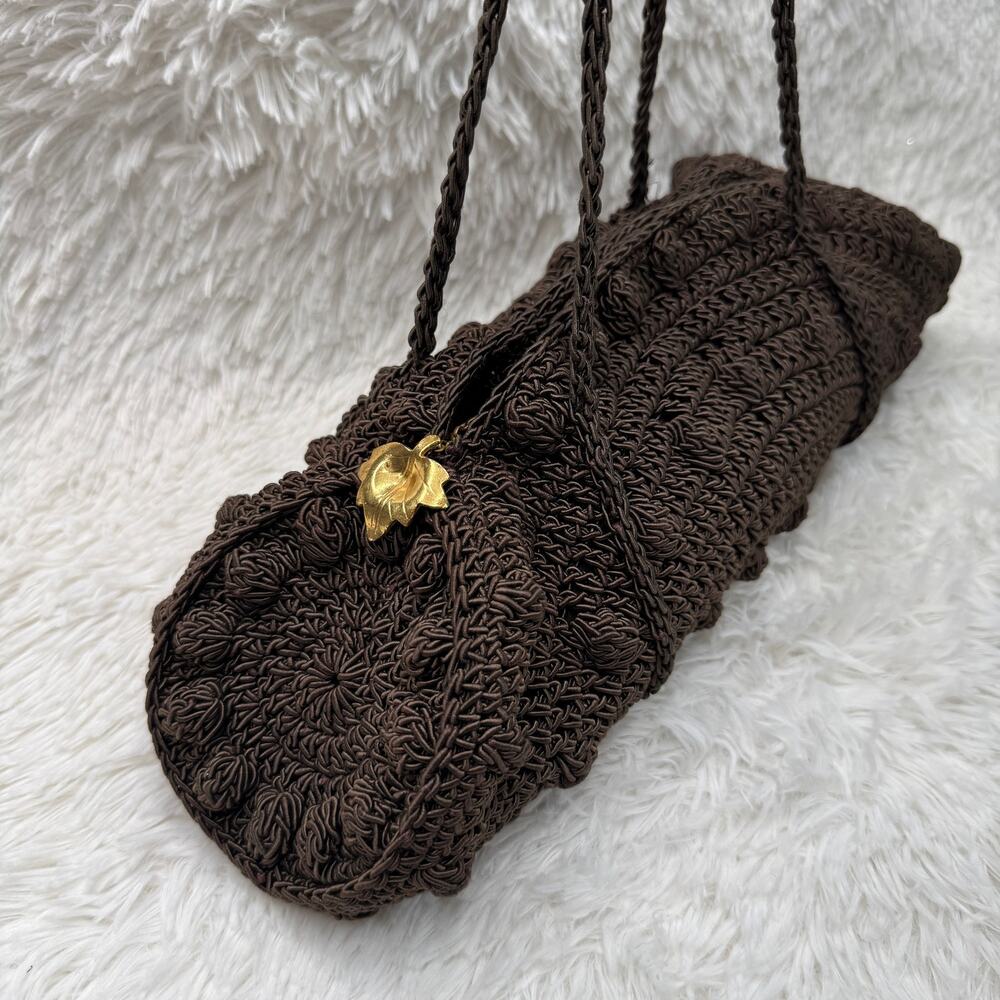 1940s Vintage Brown Cordé Crochet Handbag Gold Leaf Pull Double Handle 14” - Picture 5 of 16